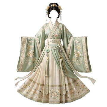 Elegant traditional chinese hanfu dress with floral embroidery isolated on white