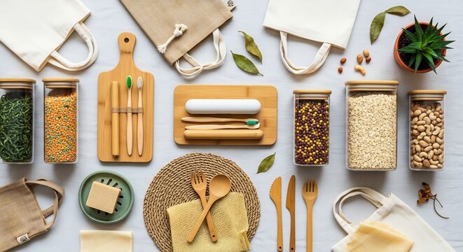 Sustainable Zero Waste Kitchen Essentials Arranged on Light Gray Surface