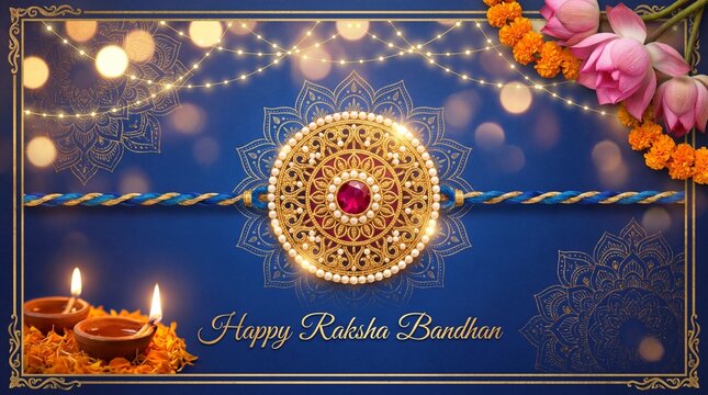Raksha bandhan festival banner with traditional indian rakhi and decorative elements on dark blue background