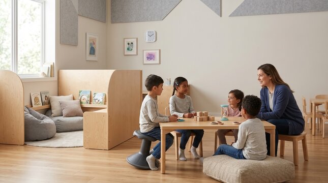 Sensory-inclusive classroom with flexible seating and quiet zone