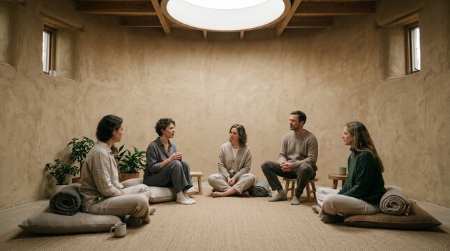 Group recovery room inside a device-free wellness center