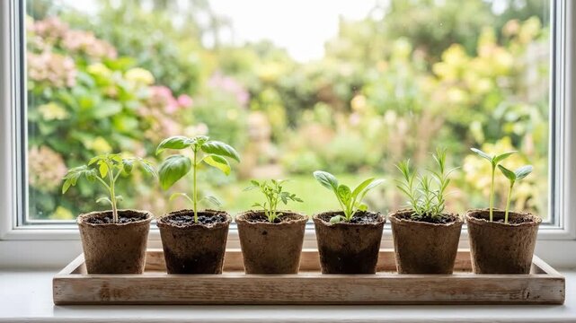 Row of young seedlings in terracotta pots on wooden tray by window with garden view. Home indoor gardening and plant growth concept for spring cultivation