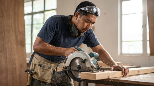Dynamic Carpenter Using Circular Saw on Workbench Portrait