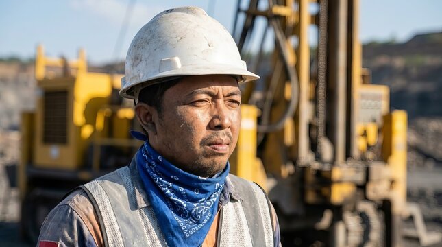 Rugged Mining Driller Working at Quarry Site Portrait