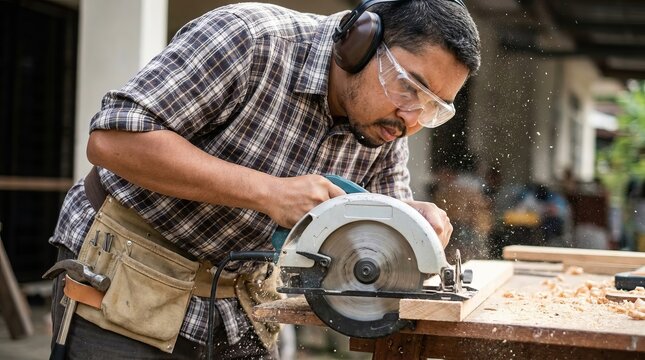 Dynamic Carpenter Using Circular Saw on Workbench Portrait