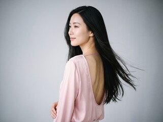 Obraz premium Beautiful young Asian woman with long dark hair looking away and smiling