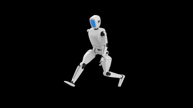 Stylized loopable animation of running robot, 3d render with alpha channel