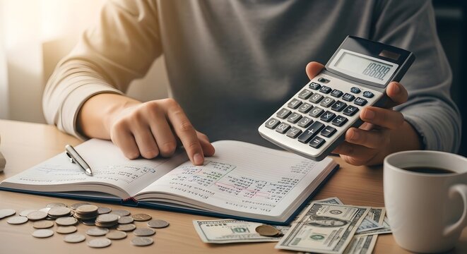 Person calculating finances with calculator and notebook, surrounded by money and coffee.