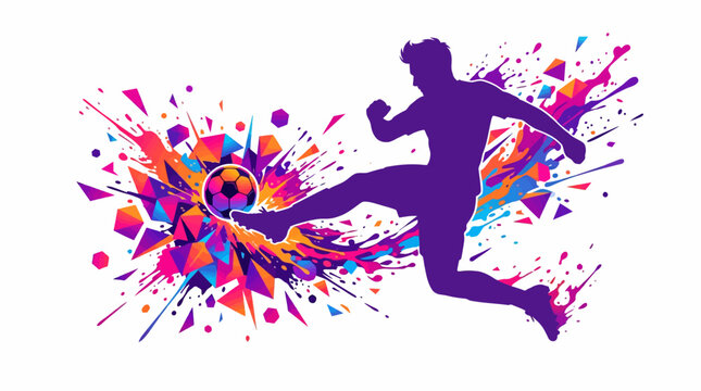 Purple silhouette of a man kicking a soccer ball with colorful paint splashes