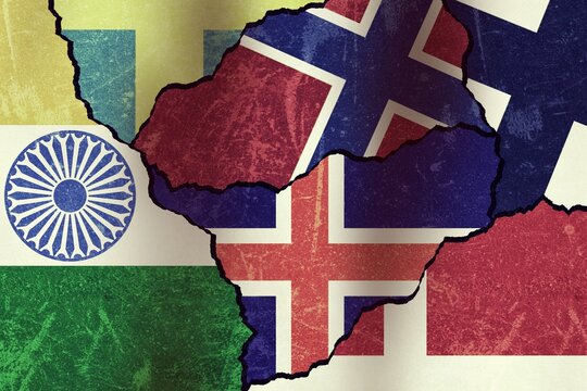 Flags of India and Nordic countries representing India-Nordic Summit 2026. Big boost in Indian diplomacy in Europe. Indian foreign policy towards Nordic countries.