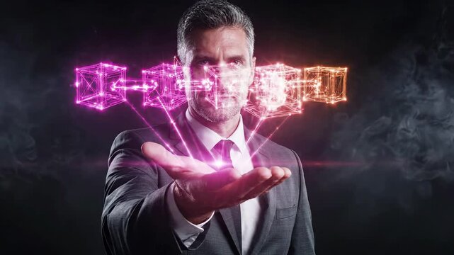Businessman in formal suit presents a digital blockchain network with bitcoin token and connected blocks. Cryptocurrency innovation, fintech investment, decentralized finance and future technology.