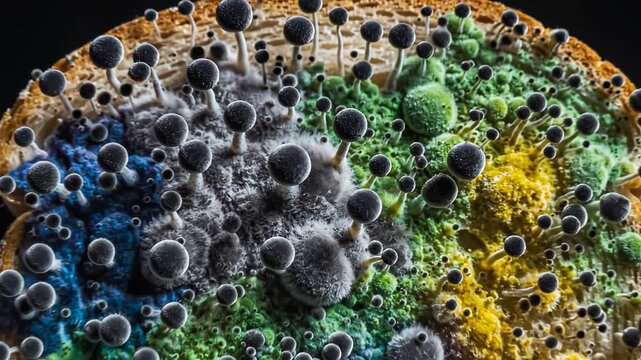 Moldy bread slice under microscope emphasizing sleek aesthetics and strong visual impact