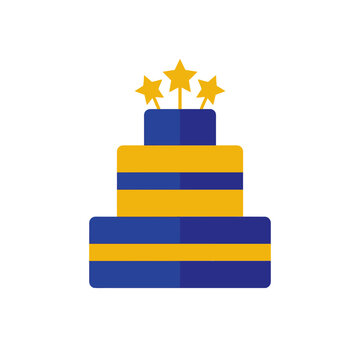 Blue and yellow birthday cake with three stars on top