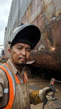 Gritty Shipyard Welder in Dry Dock with Massive Hull Background