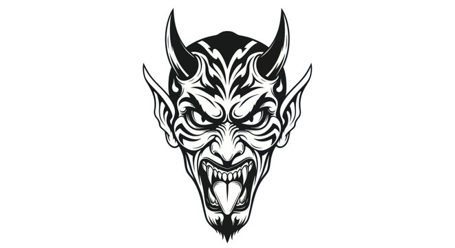 Scary Devil Face Illustration with Horns and Sharp Teeth