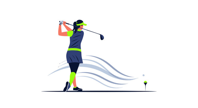 Woman golfer swinging club, hitting golf ball on tee, abstract wind waves