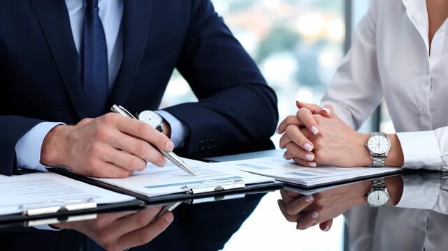 Two business professionals in a meeting, reviewing documents and signing contracts.