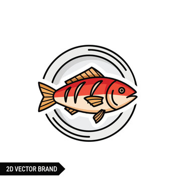 Stylized Red Fish Vector Illustration on Circular Plate Icon.