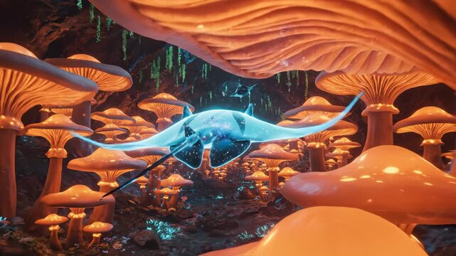 Manta ray in glowing mushroom cave symbolizing dynamic movement and artistic expression