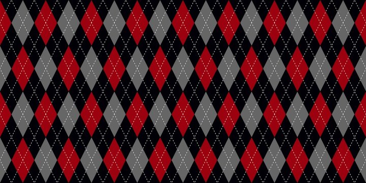 ​Seamless argyle pattern with black, red, and dark grey diamonds. Classic geometric plaid background for textile, fashion, and winter design.