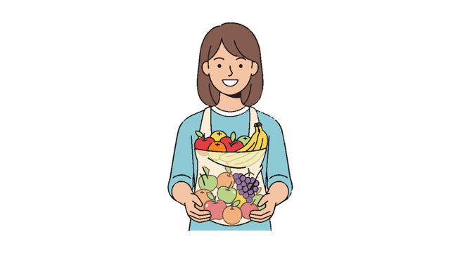 Smiling woman holds a reusable canvas tote bag filled with fresh, colorful fruits, promoting healthy eating, sustainable living, and eco-friendly grocery shopping.