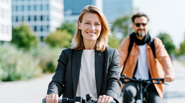 Young woman riding bicycle in city park. Commuting cyclist in modern urban outdoors with blurred buildings and open path.
