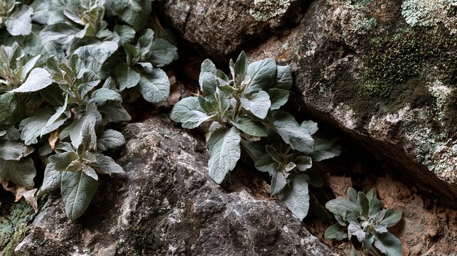 Gray Brown Wild Rumex Leaves On Rocky Slope, Retro Mountain Botanical Widescreen Backdrop