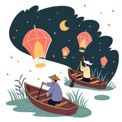 Rowers in traditional boats under night sky with hot air lanterns and moon © Ferdou