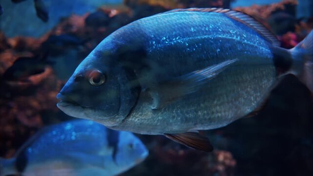 Beautiful gilt head bream swimming inside a deep blue marine aquarium tank.