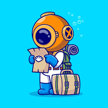 Cute Diver Traveling With Map And Backpack Cartoon