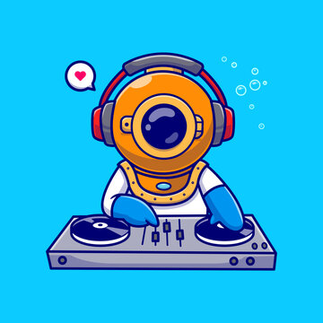 Cute Diver Playing Dj Electronic Music With Headphone 
Cartoon