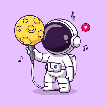 Cute Astronaut Holding Moon Microphone Cartoon