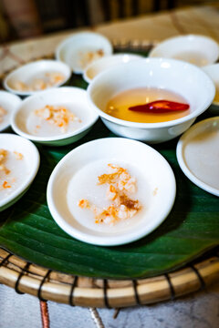 Banh Beo, Vietnamese traditional dish originated in Hue, Vietnam. Banh Beo rice cakes served in Hue