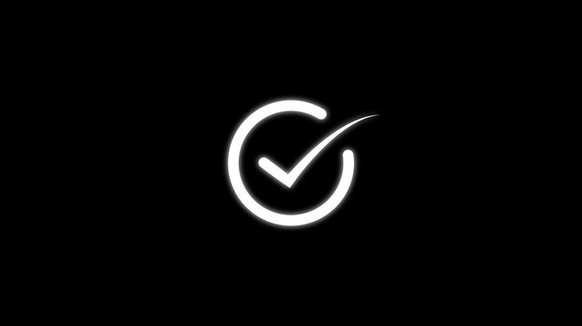 Animated check mark in circle, minimalist white success symbol on black background, for ui and motion