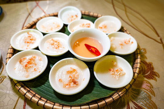 Banh Beo, Vietnamese traditional dish originated in Hue, Vietnam. Banh Beo rice cakes served in Hue