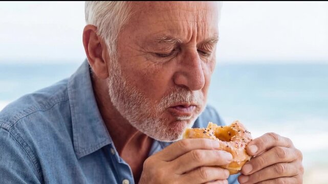  Elderly man with white beard eating a glazed donut with sprinkles outdoors by the sea, calm moment, indulgence, senior lifestyle, beach snack.