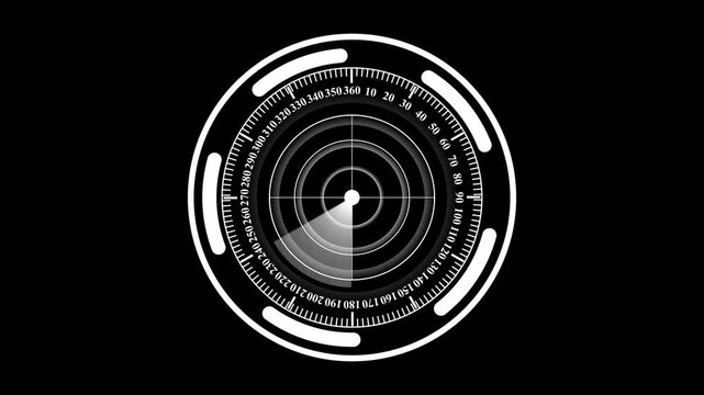 Digital radar screen hud interface animation: scanning circular navigation system for tech and military applications