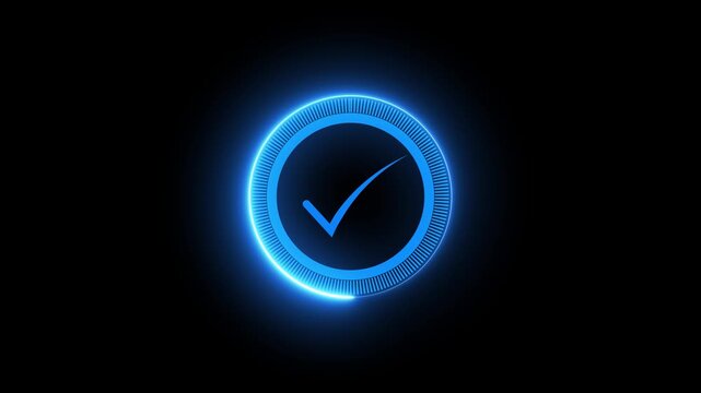 Glowing blue digital checkmark with rotating hud interface for ui, ux, and success confirmation animation