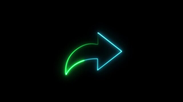 Glowing neon share arrow animation, blue and green gradient digital pointer for social media and web ui