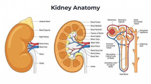 Cross-section kidney anatomy chart with nephron detail labelled