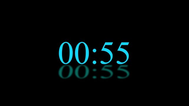 Digital countdown timer with reflection, neon blue glowing numbers on black background, for presentations and events