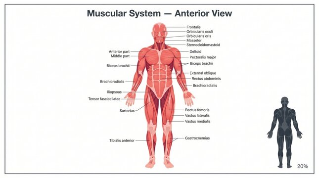 Anterior view labelled chart of the human muscular system