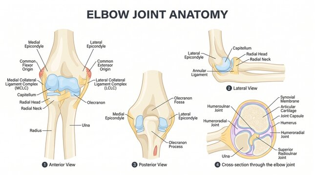 Four-view elbow joint anatomy chart with labelled ligament detail