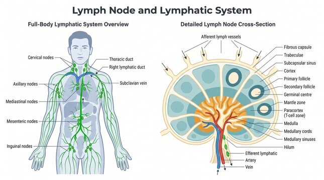 Full body lymphatic overview with lymph node cross-section anatomy chart