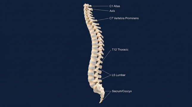 Lateral view 3D render of the human vertebral column with spinal levels