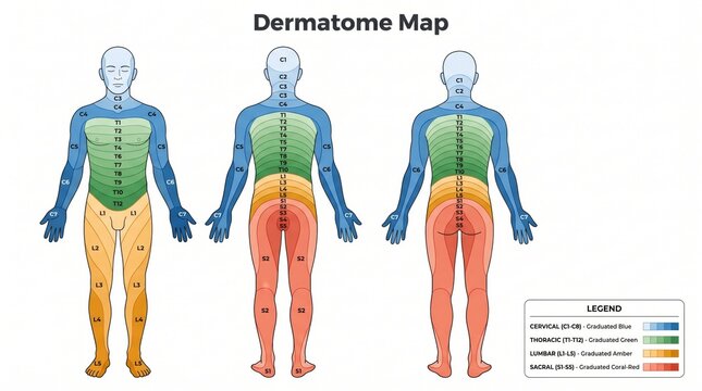 Anterior and posterior dermatome map chart for the full human body