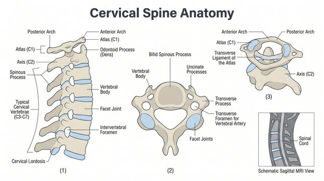 Atlas axis and cervical vertebrae anatomy chart with labelled detail