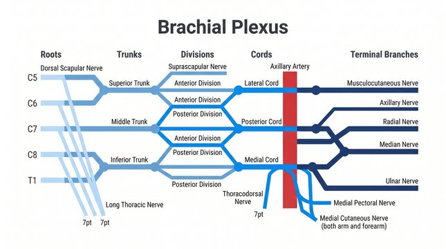 Wiring diagram anatomy chart of the human brachial plexus with nerve roots
