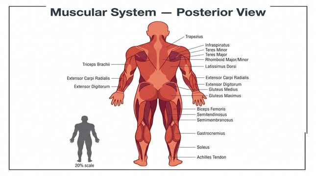 Posterior view labelled chart of the human muscular system