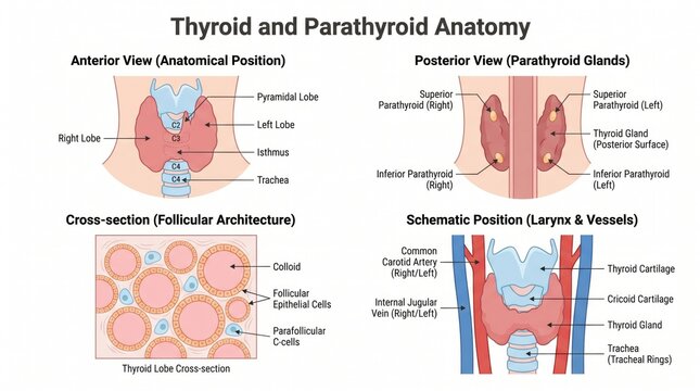 Labelled anatomy chart of thyroid and parathyroid glands with follicle detail